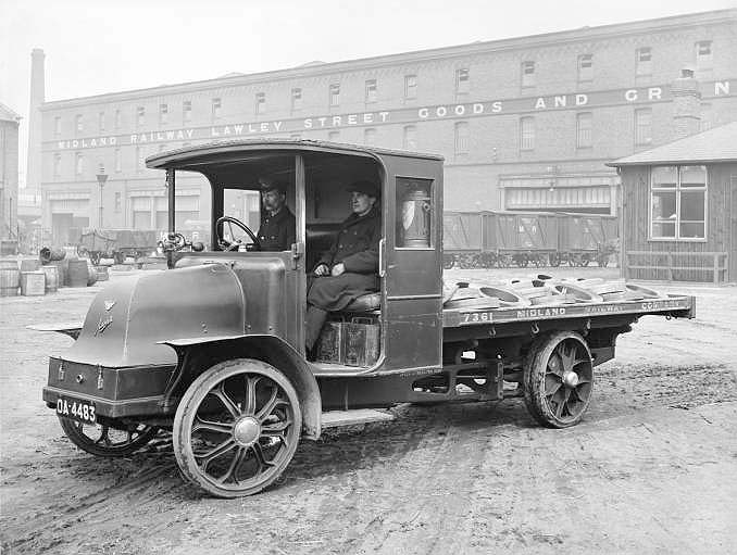 View of a Midland Railway Austin petrol driven delivery vehicle at Lawley Street Goods depot delivering machined castings in 1916
