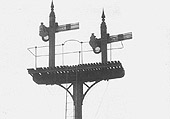 Looking north showing the rear of the bracket signal carrying signals No 21 and No 20 and Saltley shed