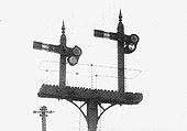 View of the front of the bracket signal carrying signals No 21 and No 20 controlled by Lawley Street Signal Box B