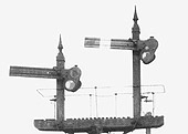 View of the front of one of Lawley Street's bracket signals fitted with LMS disc signals fitted to the post