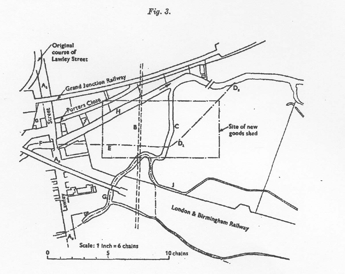 General plan showing the relationship of Lawley Street Depot's new shed compared to the 1850 diverted course of the river