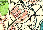 Map showing the main railway lines around Lifford Station, the long through siding and the surrounding roads