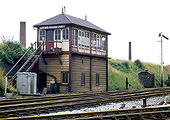 Three-quarter view of Lifford Station Junction signal box on 3rd August 1969 shortly before it closed in September