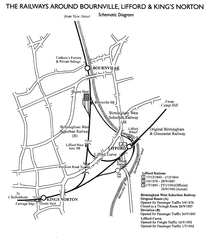 Schematic diagram showing the various railway lines around Bournville, Lifford and Kings Norton