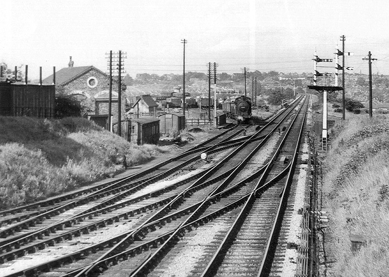 View looking towards Camp Hill showing an unidentified ex-MR 0-6-0 3F shunting Lifford goods yard on 26th July 1954