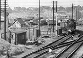 Close up showing Lifford goods yard and the assorted covered and open wagons standing in the yard