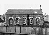View of the side elevation of Lifford Station's good shed which was erected by the BWSR in 1876
