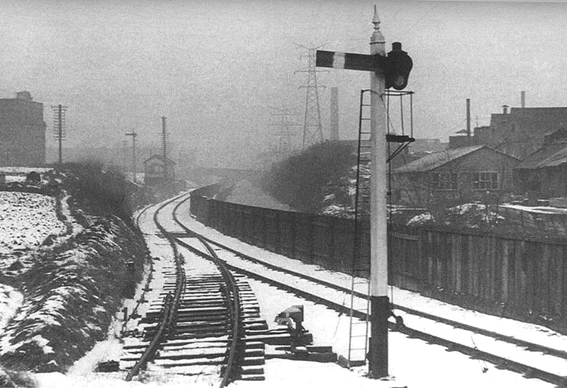 Looking along the Canal branch towards Bournville with the junction signal box seen in the middle distance