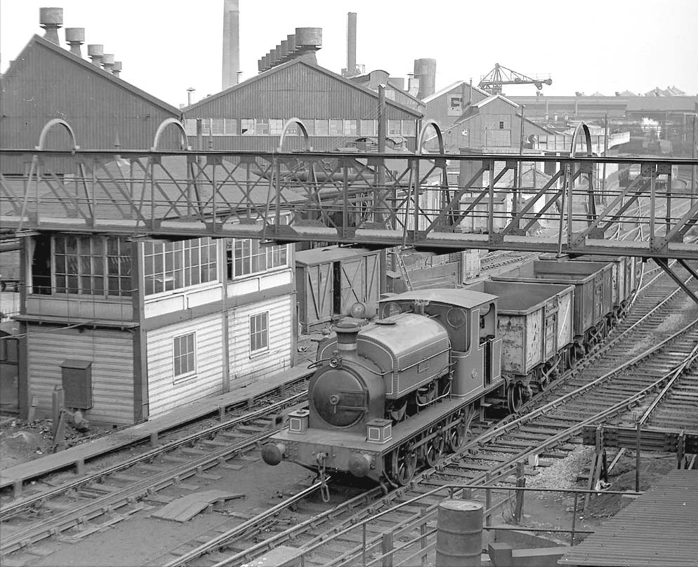 Kitson 0-6-0ST 'Austin 1' passes the former Midland Railway Longbridge East Signal Box on 4th April 1958