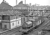 Kitson 0-6-0ST 'Austin 1' passes the former Midland Railway Longbridge East Signal Box on 4th April 1958