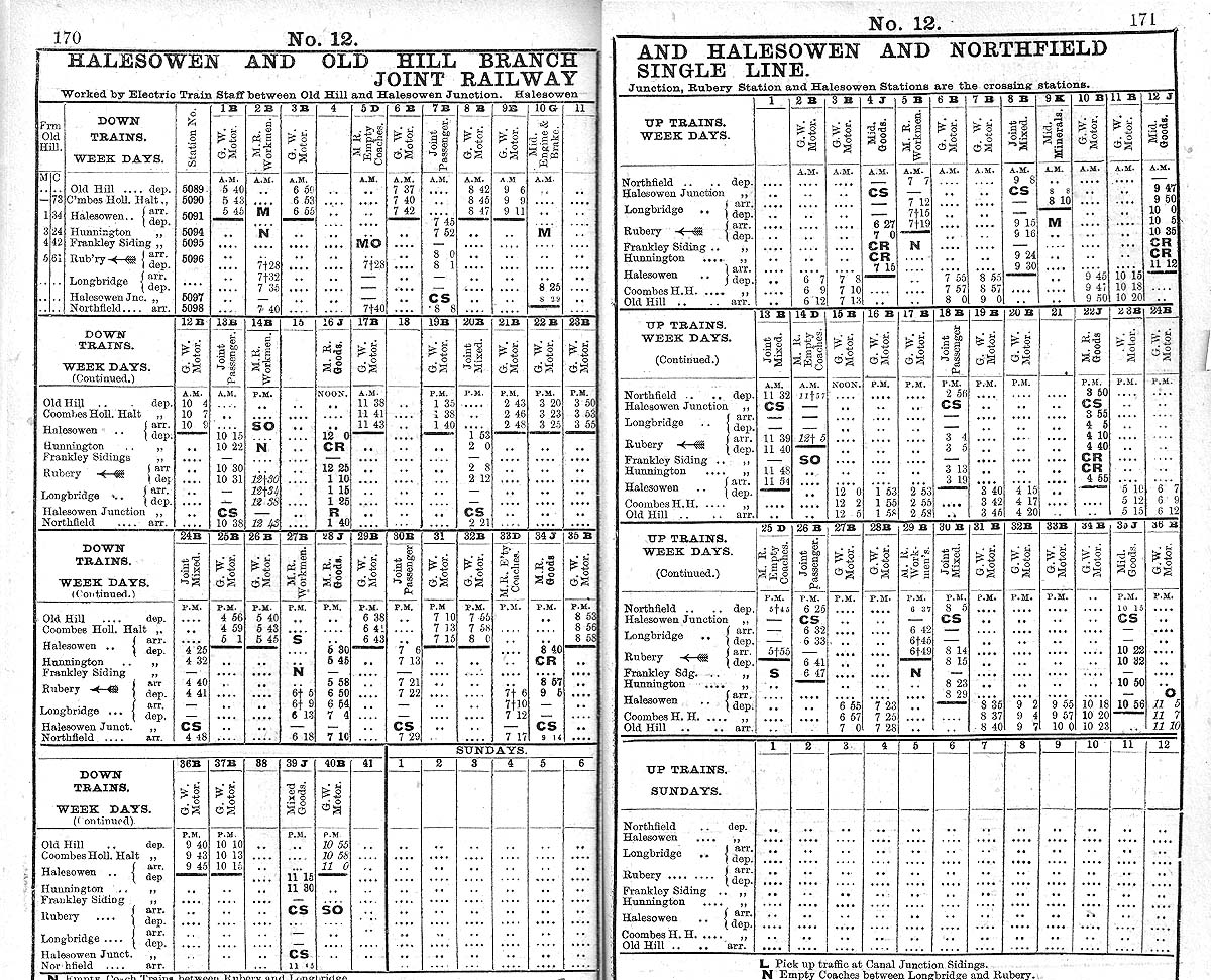 Extract for the Joint Halesowen Railway from the GWR�s Service Time Table No 12 for 14th July 1916