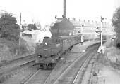 British Railways 0-6-0PT 64xx class No 7448 leaves Longbridge station in the late 1950s