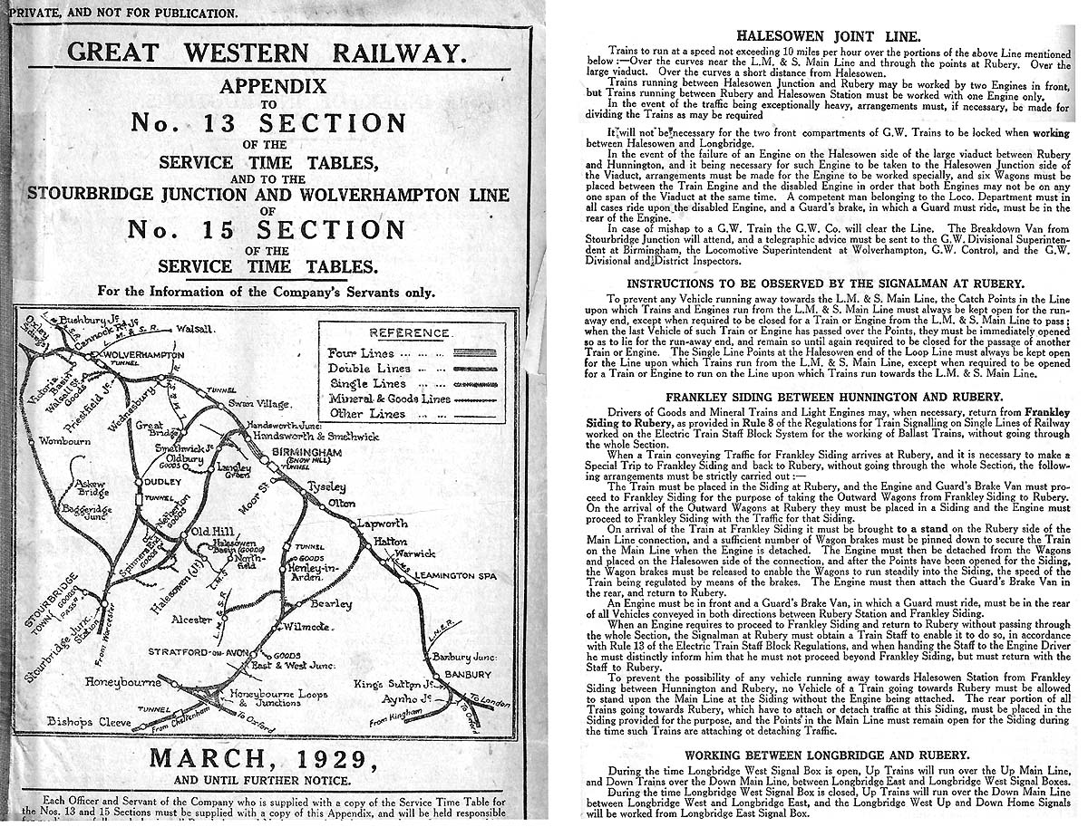 Operational Instructions for the Halesowen Joint Line from the GWR Appendix to STT March 1929