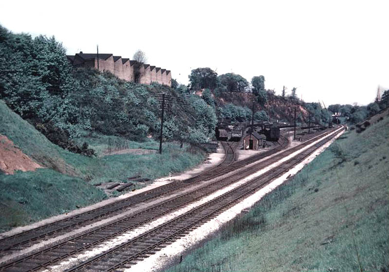 Looking diagonally towards Moseley station with Kings Heath ballast sidings on the left on 30th May 1955