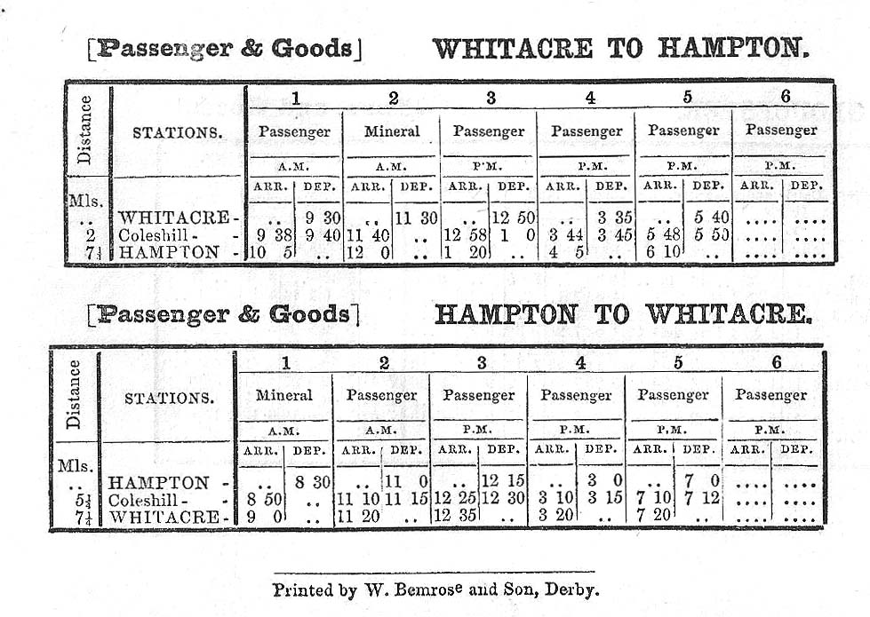 An 1853 Midland Railway Working Time Tables showing Whitacre to Hampton and return services