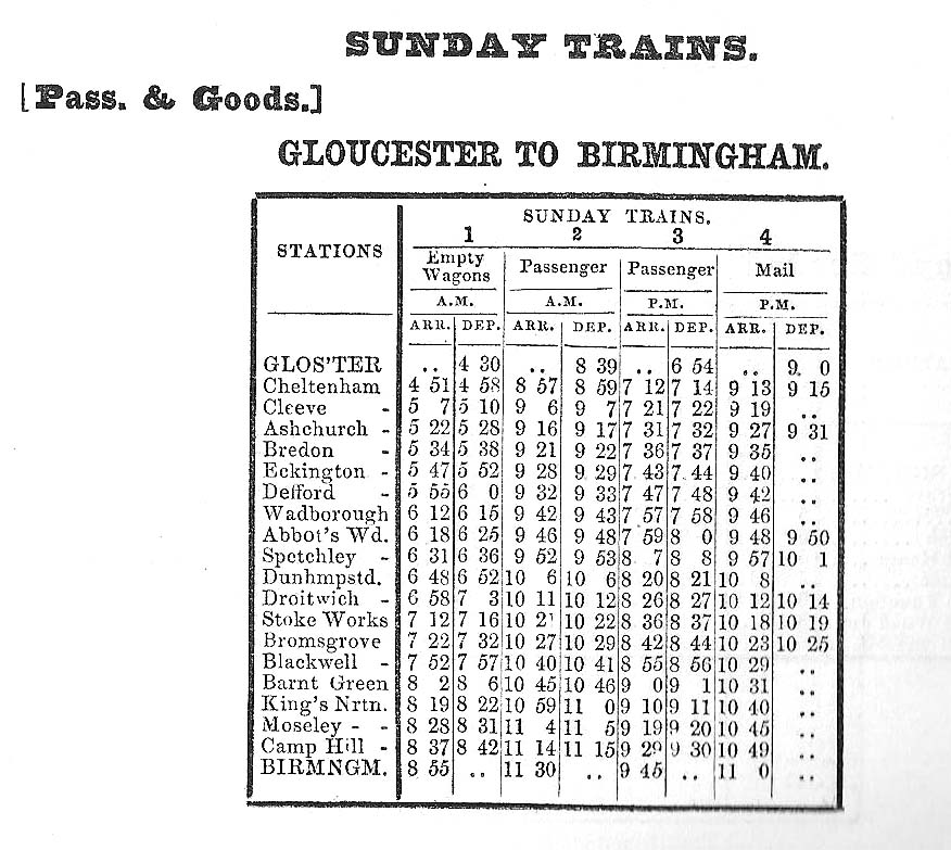 An 1853 Midland Railway Working Time Tables showing Sunday Only Gloucester to Birmingham services