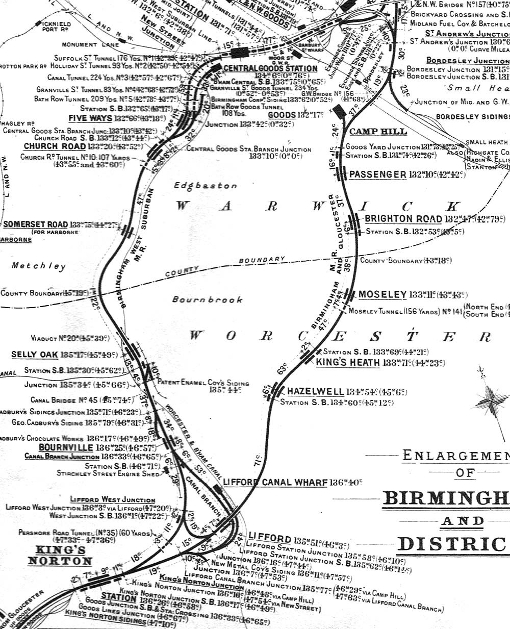 Part of Midland Railway Distance Diagram Sheet 47 dated 1913 showing the two routes south from New Street to Kings Norton