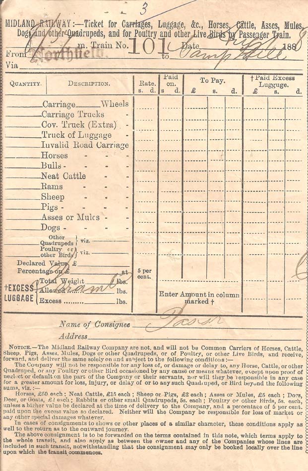 A Midland Railway Excess Ticket - from Northfield to Camphill in August 1888