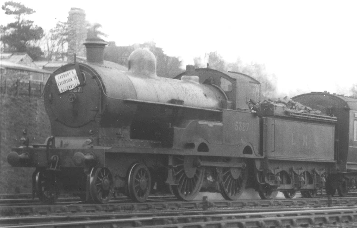 Close up of ex-LNWR 4-4-0 No 5327 'E Nettlefold' with a 'Cadbury's Excursion to Bournville' headboard