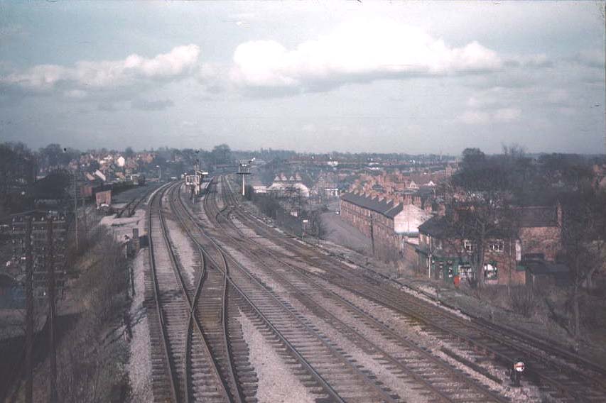 An elevated view of Northfield station showing the sidings on the up side of the station and the four roads passing through the station