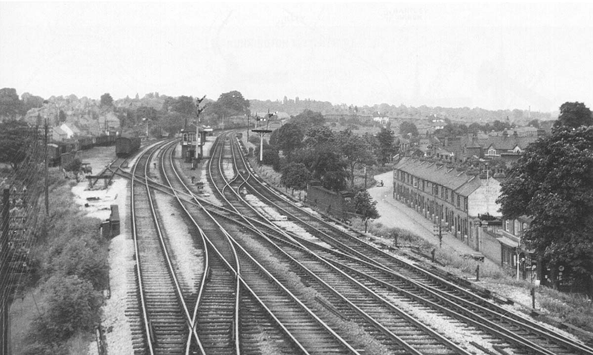 Looking towards Kings Norton from the gallery of the up goods line home bracket signal on 20th June 1954
