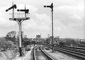 View of the MR's signal controlling the up goods line and the LMS signal controlling the up main line