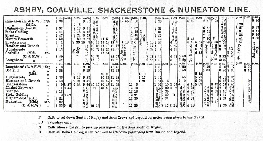 A 1916 Ashby, Coalville, Shackerstone & Nuneaton Timetable showing just two MR services per day