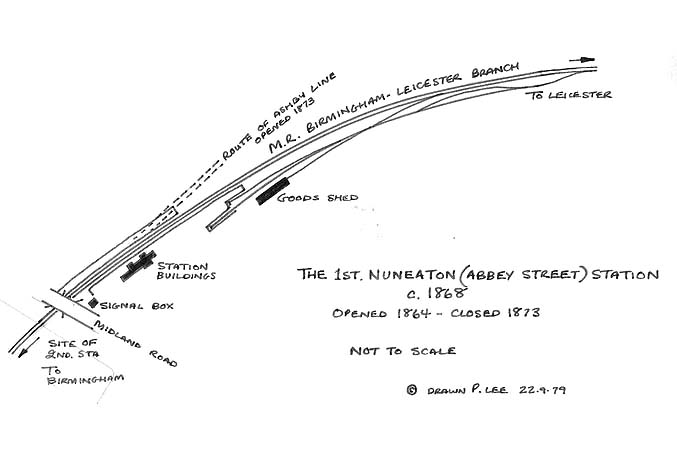 A schematic drawing of the layout of Nuneaton Abbey Street's first station, opened in 1864 and closed in 1873