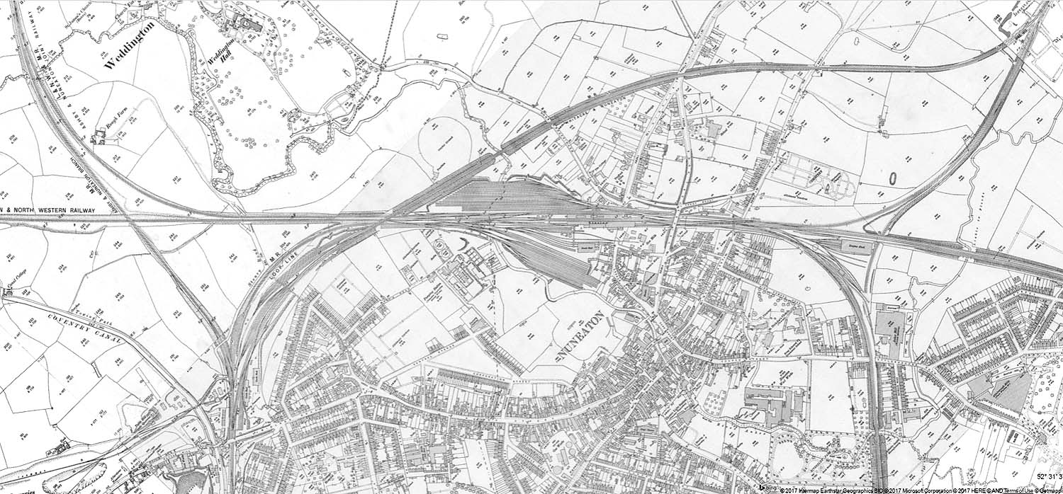 A 1913 25 inch to the mile Ordnance Survey map of the various LNWR and MR lines in Nuneaton