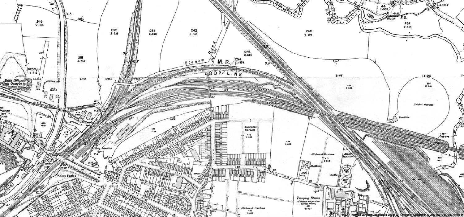 A 1914 Ordnance Survey map showing Abbey Street station, Abbey Junction and the bridge carrying the Birmingham to Leicester line over the Trent Valley Line