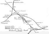 A schematic diagram showing the different MR and LNWR routes into and around Nuneaton two stations