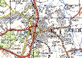 Ordnance Survey map showing the position of the station and the Evesham - Barnt Green line in relation to Redditch town