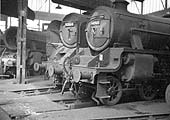Ex-LMS 5MT 4-6-0 No 44965 and BR Standard Class 9F 2-10-0 No 92164 stand around Saltley shed's No 3 shed turntable