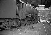 Ex-LMS 8F 2-8-0 No 48669 stands coaled and watered and in steam inside Saltley's No 3 roundhouse