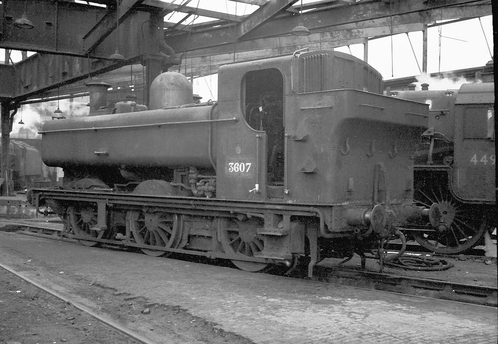 Ex-GWR 57xx class 0-6-0PT No 3607 stands inside Saltley shed's No 3 roundhouse