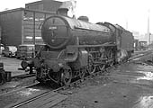 British Railways built B1 4-6-0 No 61289 is seen gently simmering outside Saltley shed's amenities block