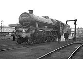Ex-LMS 5XP 4-6-0 No 45593 'Kolaphur', a Jubilee class locomotive, is taking on water at  Saltley en route to Tyseley