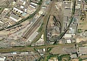 A 2012 satellite view of Saltley shed, the line between Washwood Heath and Camp Hill and the main New Street to Euston line