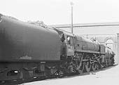 British Railways Standard Class 7MT	4-6-2 No 70046	'Anzac', a Britannia Class locomotive, stands outside Saltley shed on 4th April 1965