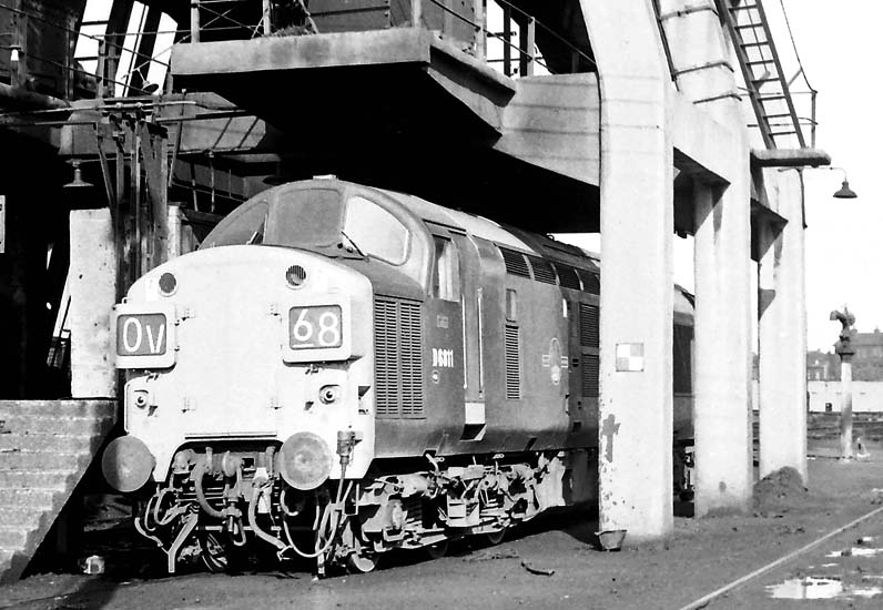 British Railways' English Electric Type 3 Co-Co D6811 stands beneath Saltley shed's coaling tower in 1968