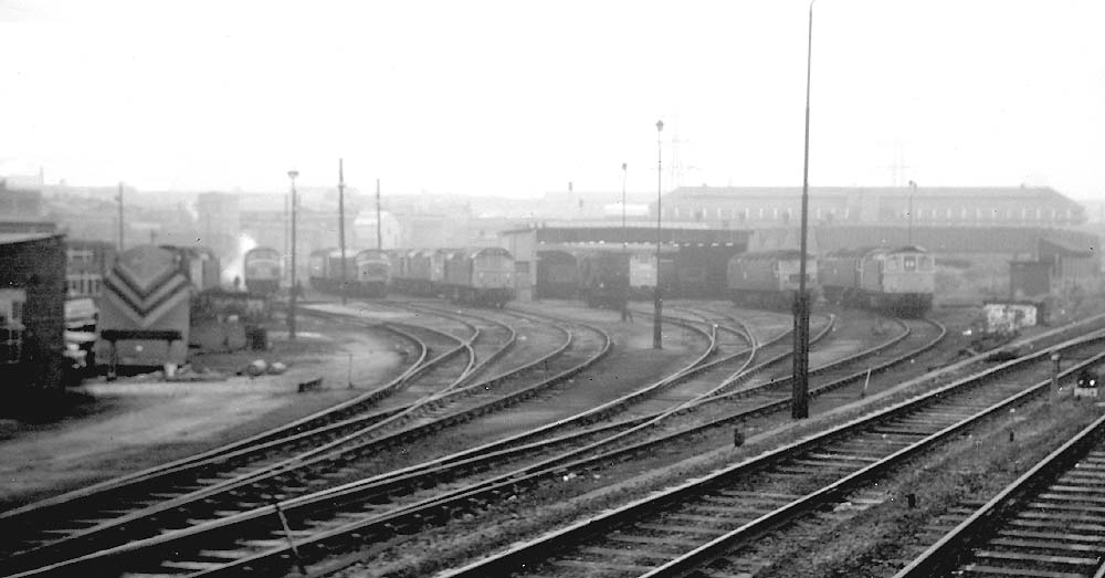 Looking towards Saltley shed with the new diesel accommodation on the right and a snow plough on the left circa 1972
