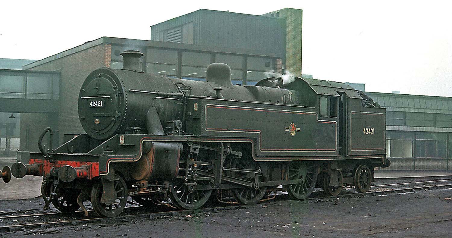Ex-LMS 2-6-4T No 42421, standing in front of the offices and staff amenities block of Saltley shed in March 1962