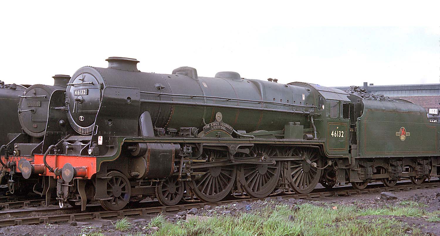 Ex-LMS 4-6-0 6P 46132 'The Kings Regiment Liverpool' stands outside Saltley No 3 shed in May 1962