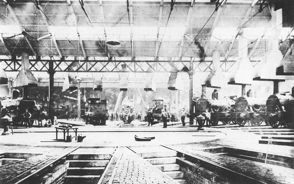 Thought to be an 1868 internal view of Saltley shed's new No 2 roundhouses with the turntable completely enclosed in the foreground