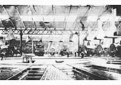 Thought to be an 1868 internal view of Saltley shed's new No 2 roundhouses with the turntable completely enclosed in the foreground