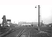 View of Saltley shed in 1961 with the mechanical coaling plant and ash plant on the left and No 3 shed on the right
