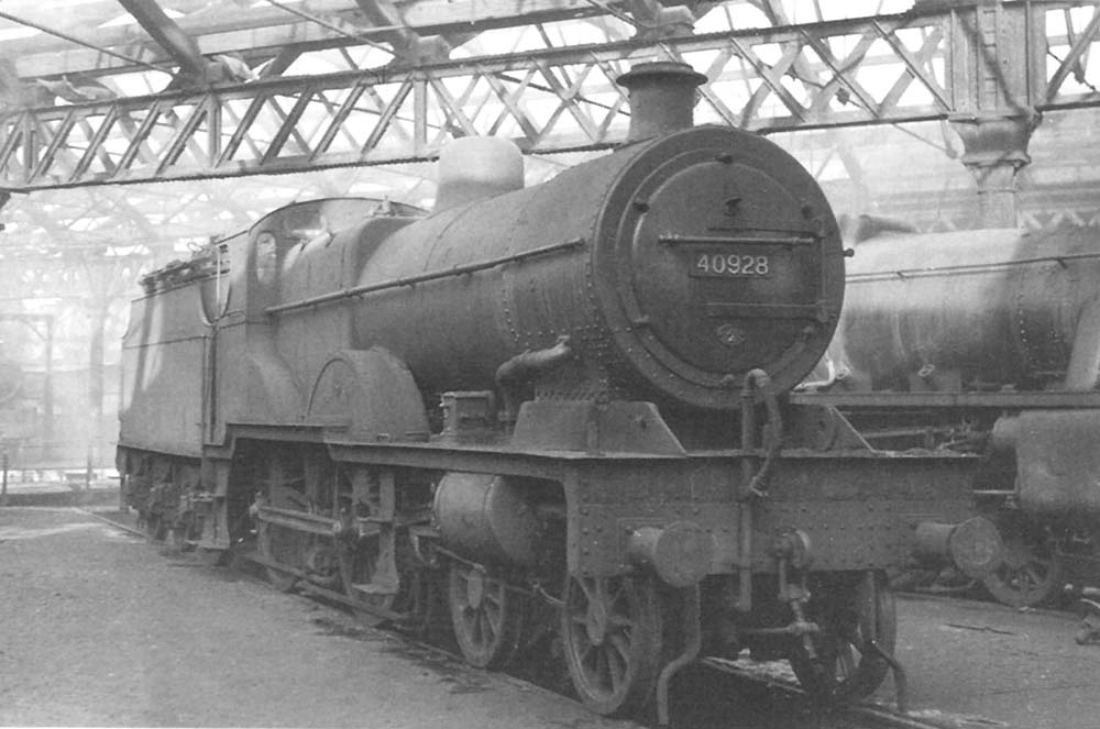 Ex-LMS 4P Compound No 40928 is seen standing inside of one of Saltley shed's roundhouses coaled and watered for its next trip