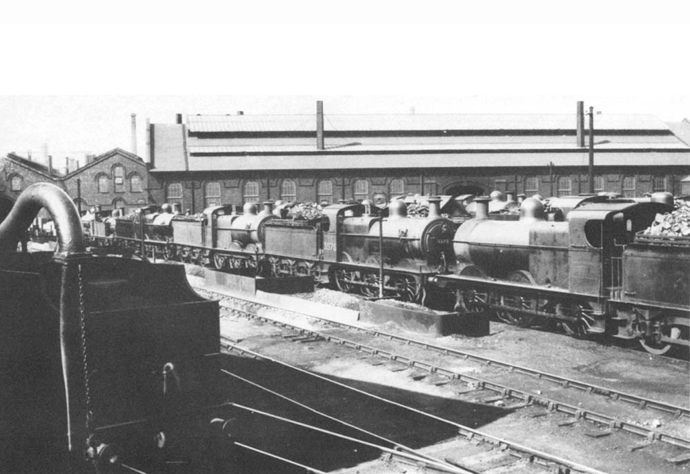 View of the stabling roads outside Saltley shed's No 3 roundhouse showing the many locomotives that have made ready for their next allocation of duties