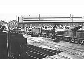View of the stabling roads outside Saltley shed's No 3 roundhouse showing the many locomotives that have made ready for their next allocation of duties