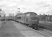 British Railways Type 4 Diesel Locomotive D109 is seen on an express passing through Saltley in 1960